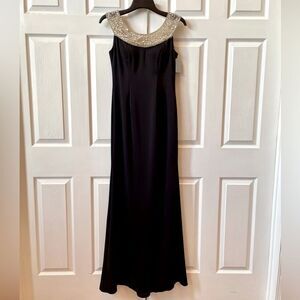 Elegant Black Evening Gown with Clear Beaded over Ecru tulle Collar Size 6 NWT